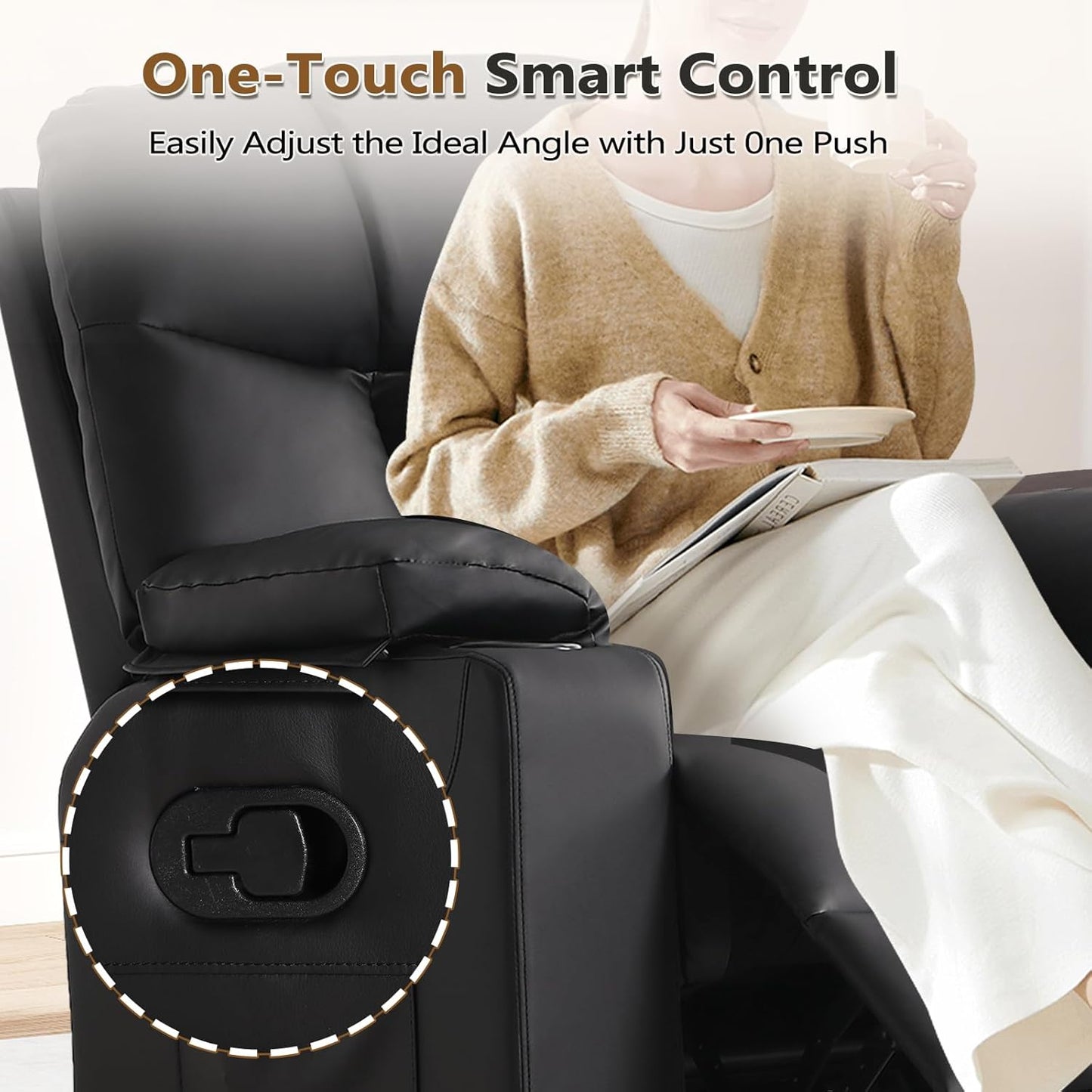 ANJ PU Leather Nursery Recliner Chair, 360° Swivel Rocker with Heat & Massage, 3-Position Manual Reclining for Living Room, Black