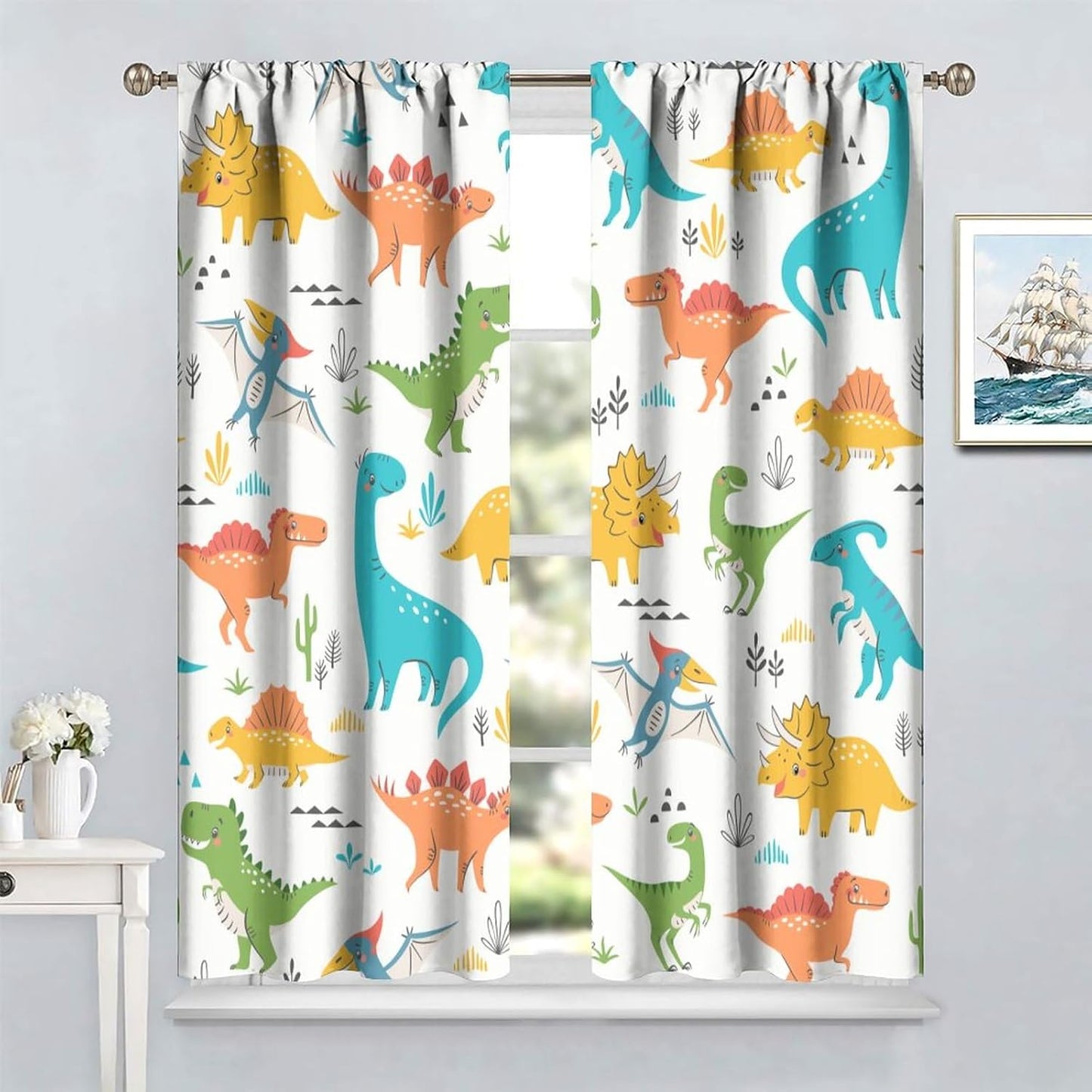 Kids Dinosaur Curtains for Boys Girls Bedroom Decor Cartoon Dino Colorful Cute Funny Animal Wildlife Printed Blackout Rod Pocket Window Drapes for Baby Nursery Playroom W27.5xL63in 2 Panels