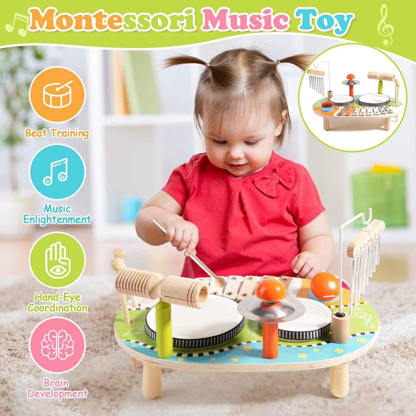 Kids Drum Set for Toddlers, Wooden Musical Instruments Baby Preschool Educational Musical Toys, Xylophone Wind Chime Kids Music Set Sensory Toys Birthday Gifts for Girls Boys