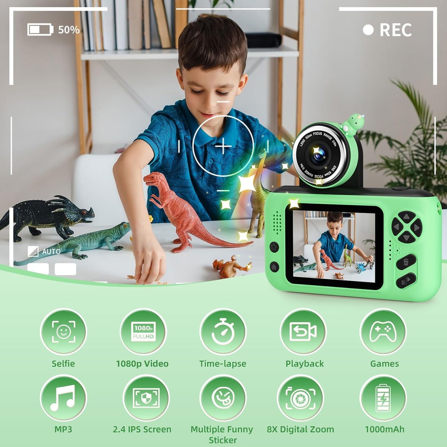 Kids Camera, Birthday Gifts for Boys and Girls Age 3-8,Video Recorder for Kids 8-12,Childrens Digital Camcorder for vlogging Portable Kids Selfie Camera with 32GB SD Card Green
