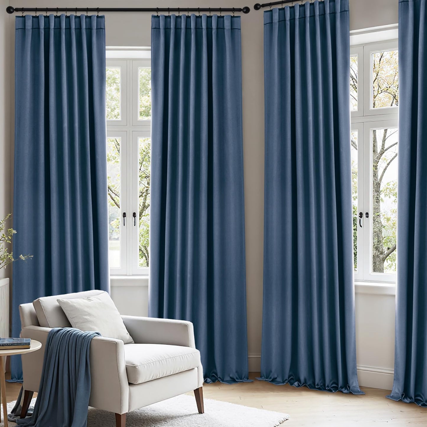 ANRODUO Back Tab Blackout Curtains for Bedroom Living Room, Rod Pocket Pinch Pleated Thermal Insulated Room Darkening Curtains 63 Inches Long 2 Panels, Stone Blue, 42 x 63 Inch