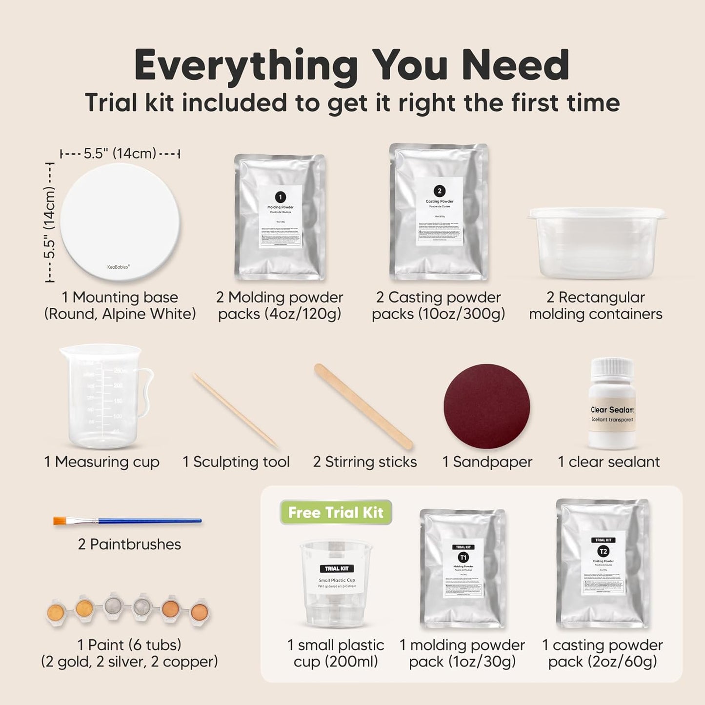 KeaBabies Baby Casting Kit Hands and Feet Mold - 3D Newborn Hand Casting Kit & Stylish Wood Base,Easy DIY Infant Foot Molds 0-9 Months,BPA-Free Baby Keepsake,Shower Gifts for Moms (Round,Alpine White)