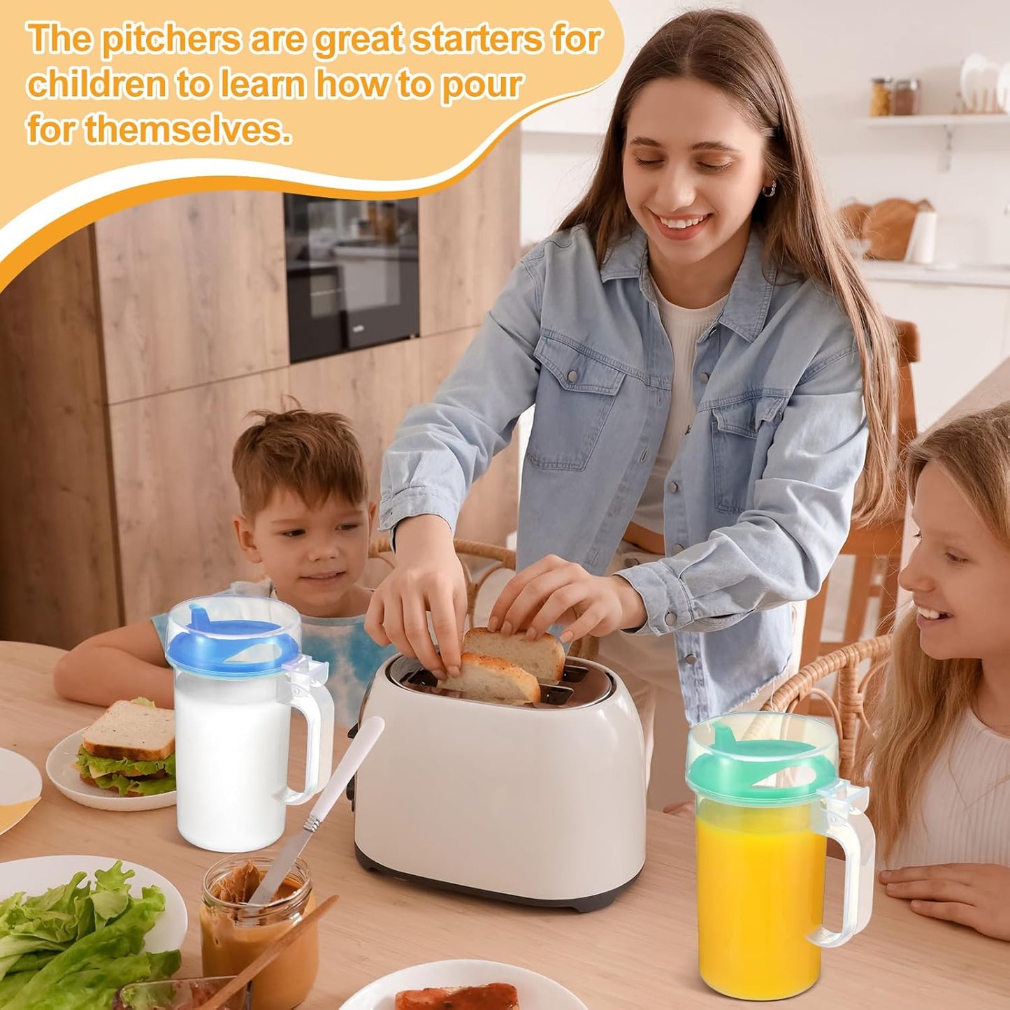 Newtay 6 Pack Early Learning Kids Easy Pouring Mini Pitchers Clear Plastic Pitcher with Lid and Handle Easy Pour Bottles 16 Oz. Jugs with Lids for Classroom Nursery Home (Colorful)