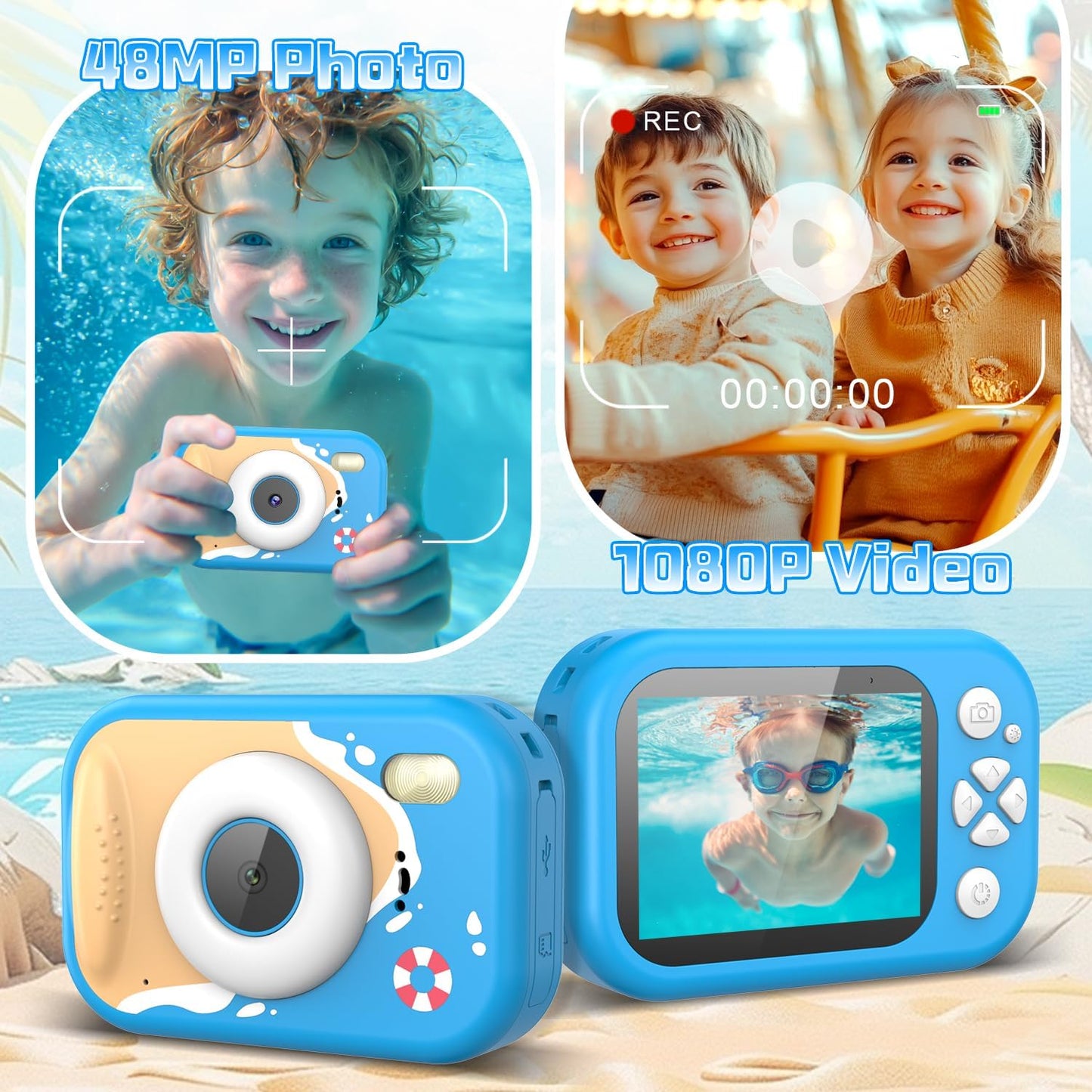 Kids Camera Waterproof, IP68 Underwater Camera for Kids Aged 3-12, HD Kids Digital Camera with 1080P Video Recording, Durable ABS Material, Pool Toys for Boys Girls with 32GB Card(Blue)