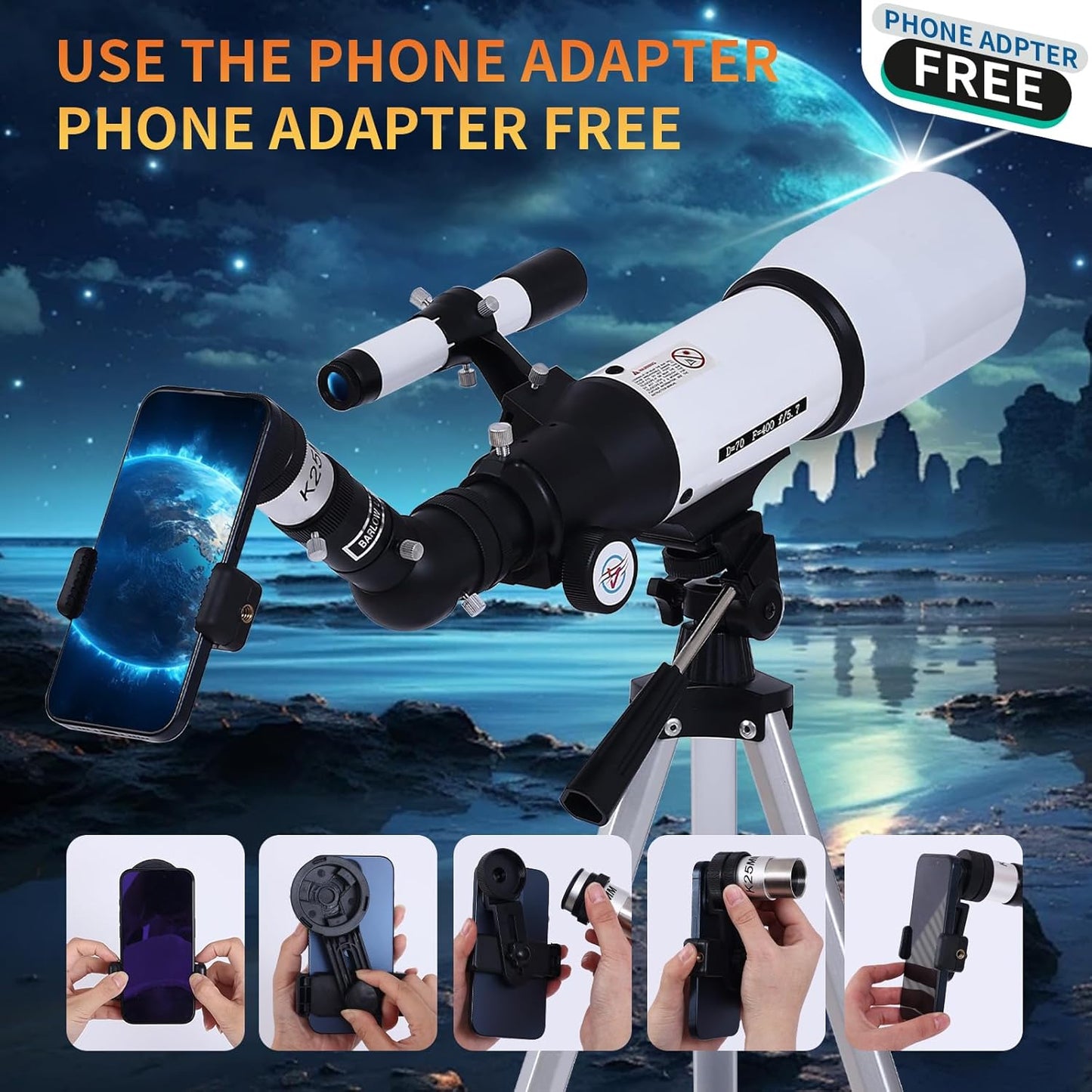 PISEZ 70400 Telescope for Adults & Beginner,70mm Aperture 400mm AZ Mount Astronomical Refracting Telescope for Kids Beginnerswith Carry Bag, Phone Adapter