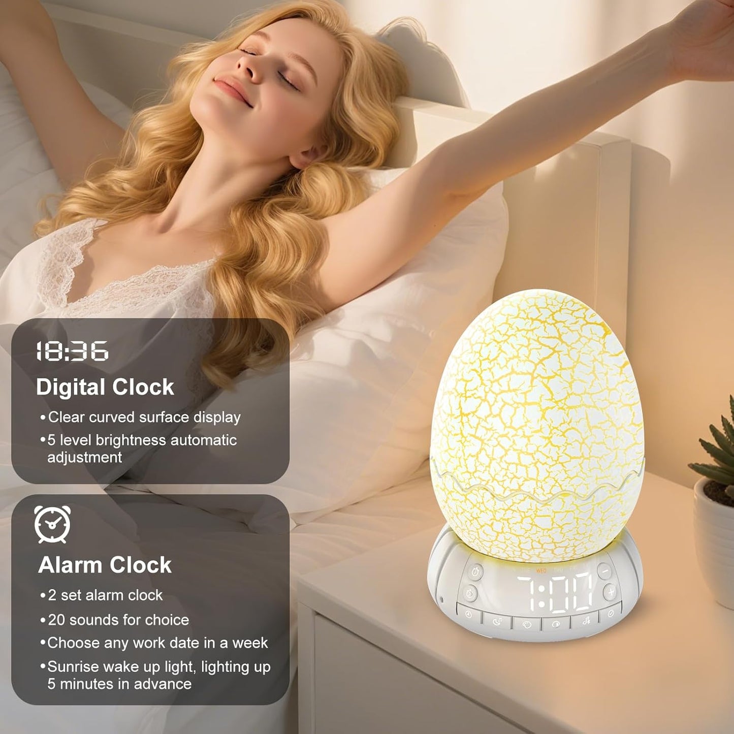 Kids Fun Alarm Clock with Night Light for Bedroom,16 Sleep Sounds Noise Machine& Bluetooth Speaker, 8-Color Dimmable Wake-Up Light with 10/30/60 Minutes Timer, Egg Decorative Light Gift for Boys Girls