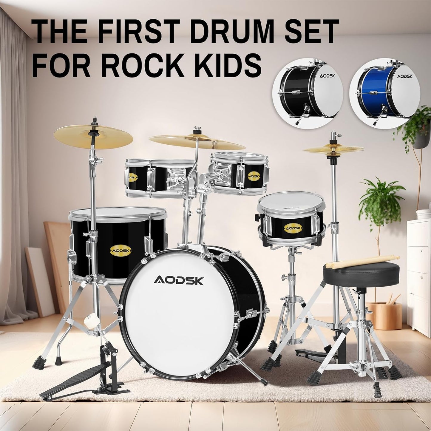 AODSK Kid Drum Sets 5-Piece for Beginners, 14 inch Full Size Complete Drum Kit with Adjustable Throne, Cymbal, Hi-Hat, Pedal & Drumstick, Black