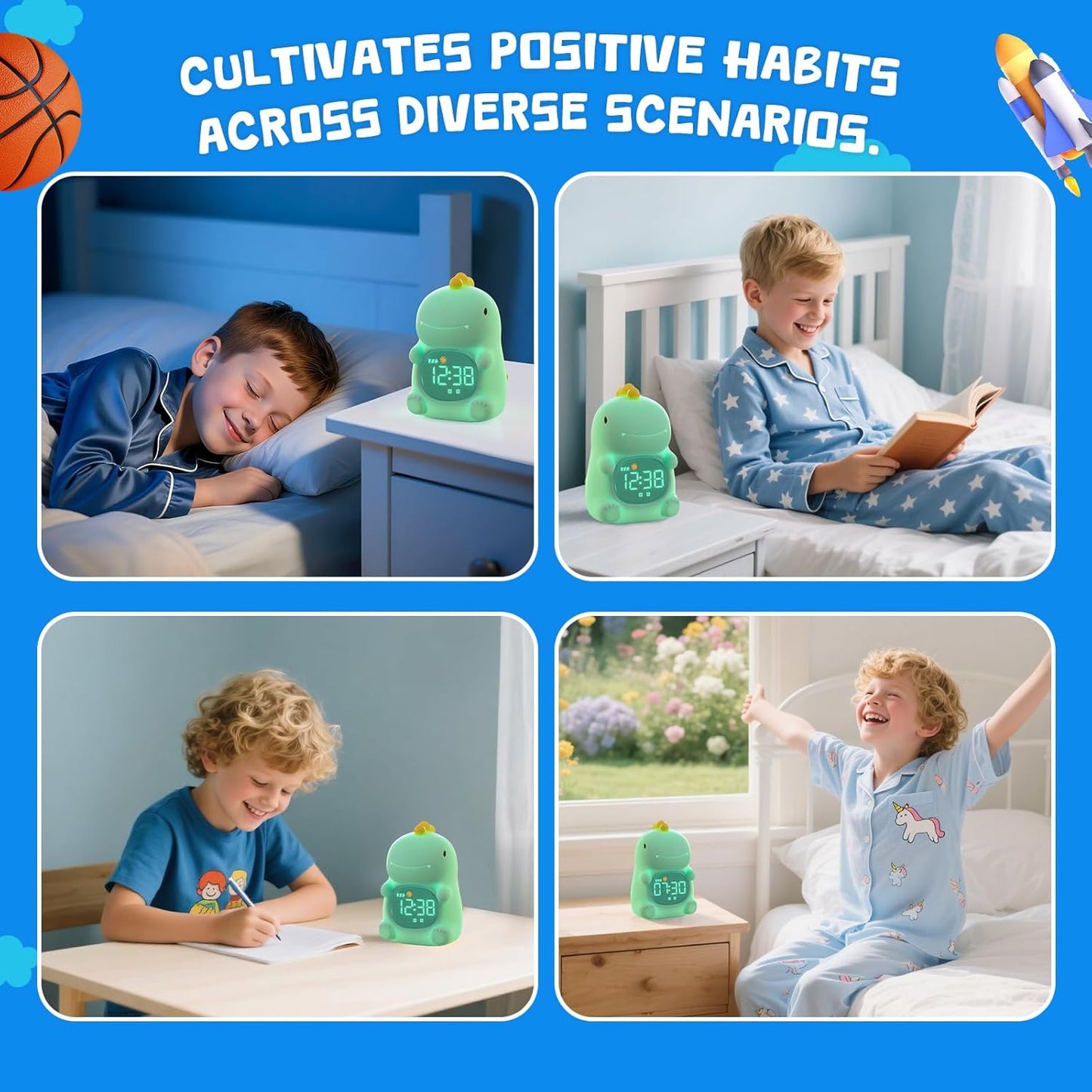 TCJJ Kids Sleep Training Alarm Clock with Night Light - OK to Wake Clock & Sound Machine, Rechargeable Silicone Animal Lamp for Boys Girls Bedroom (Dinosaurs)