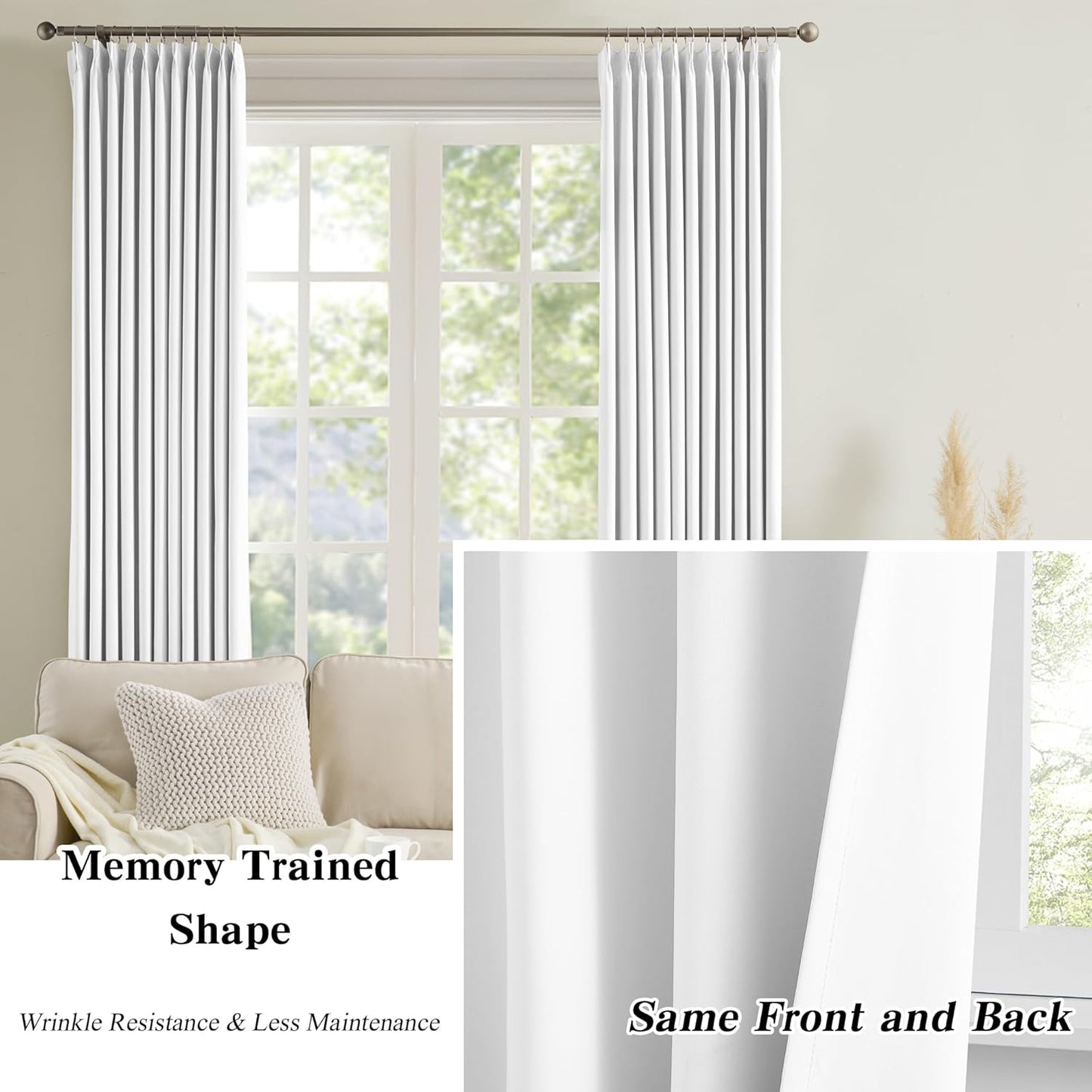 KEQIAOSUOCAI Pleated White Curtains 72 Inches Long for Bedroom,Half Blackout Room Darkening Memory Shape Window Curtain 72 Inch Length 2 Panel Set,Pinch Pleated Drapes with Hooks,40 by 72,Set of 2