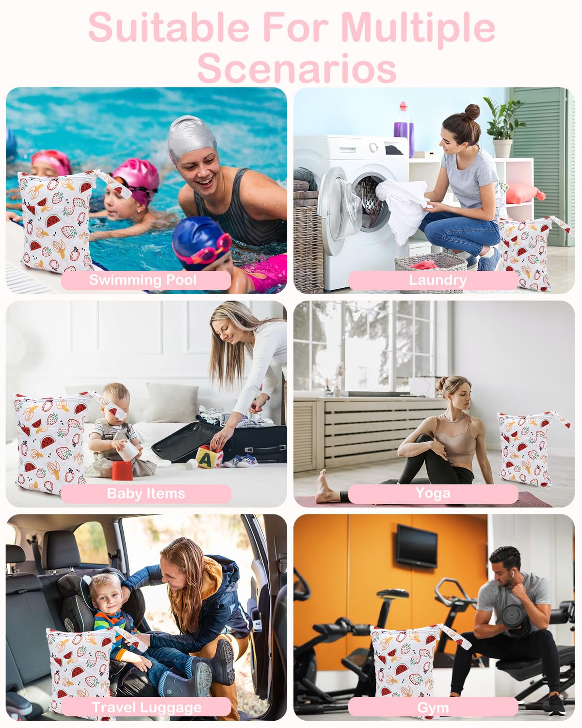 ALVABABY 3 Cloth Diaper Wet Dry Bags Waterproof Reusable with Two Zippered Pockets Travel Beach Pool Daycare Soiled Baby Items Yoga Gym Bag for Swimsuits or Wet Clothes Small Medium Large 3L-ZM27