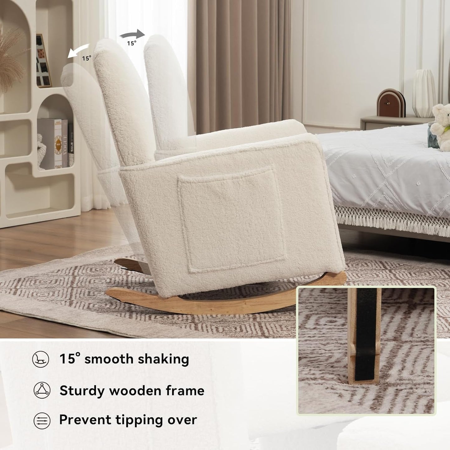 FOXHUNTER Rocking Chair Nursery with Adjustable Footrest and High Backrest, Upholstered Glider Chairs with Side Pockets for Nursery, Rocker Armchair Indoor for Living Room,White