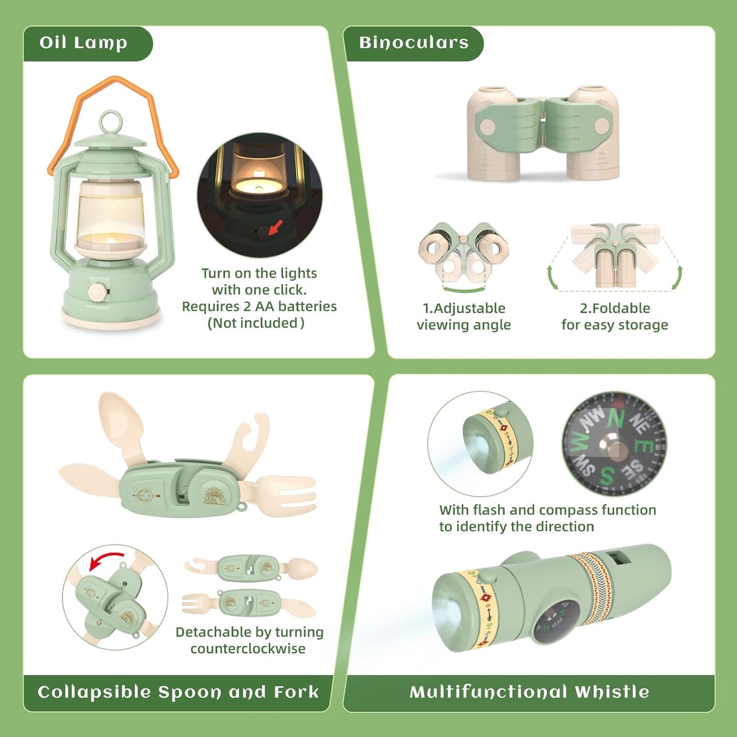 Kids Camping Toys Set - Pretend Play Camping Set with Food Toy, Spray Stove, Oil Lantern, Binoculars, Compass, Tableware, Watch & Storage Bag, Birthday for Ages 3+