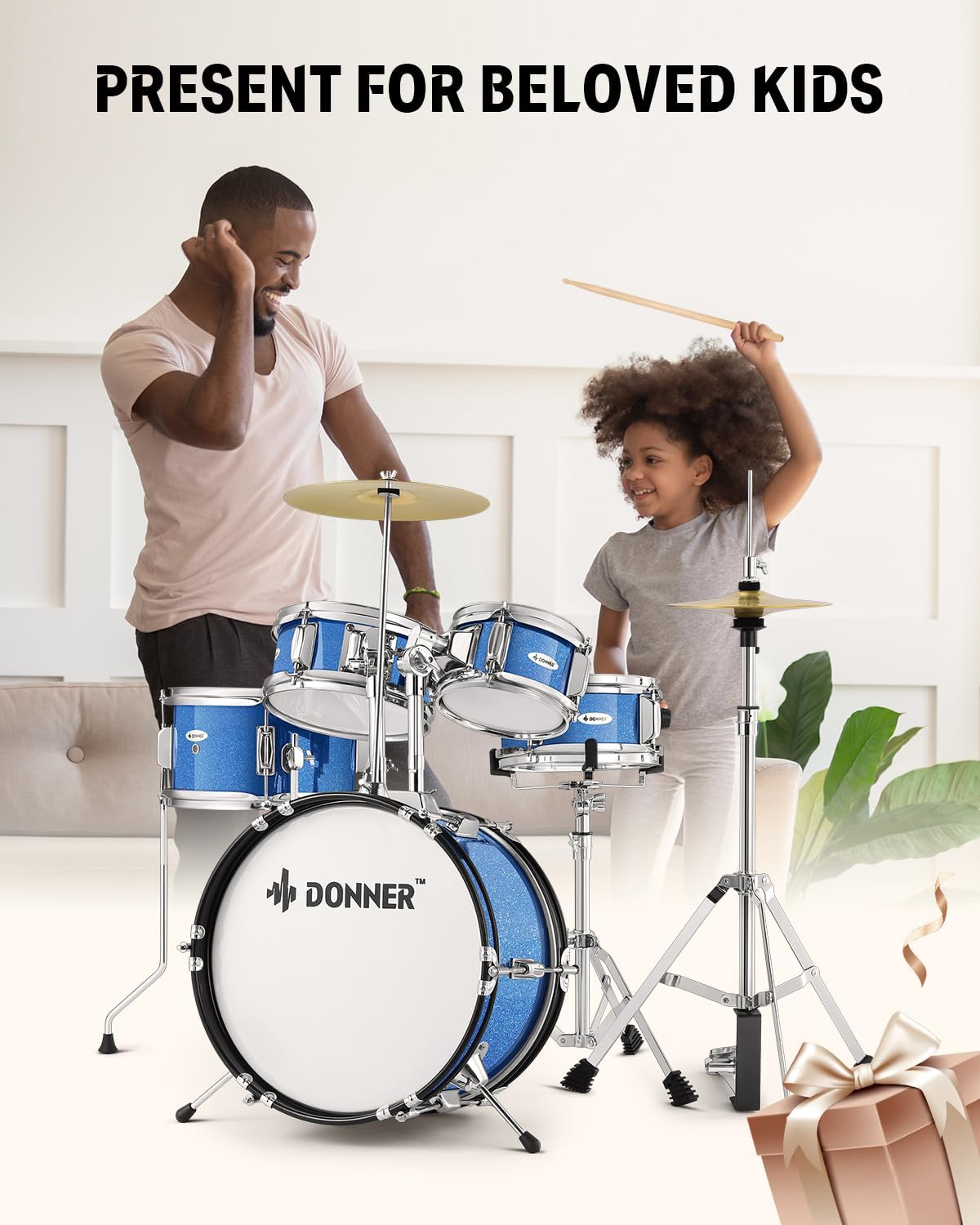 Kids Drum Sets-Donner 5-Piece for Beginners,14 inch Junior Drum Kit, with Adjustable Throne, Cymbal, Hi-Hat, Pedal & Drumstick, Present for Child-Blue