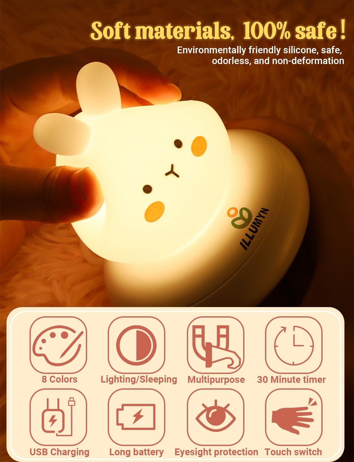 Kids lamp, Bunny Night Light, Toddler Night Light, Rechargeable & Dimmable with 30 mins Timer Function, Safe Silicone Material for Kids to Play with,【9 Colors】
