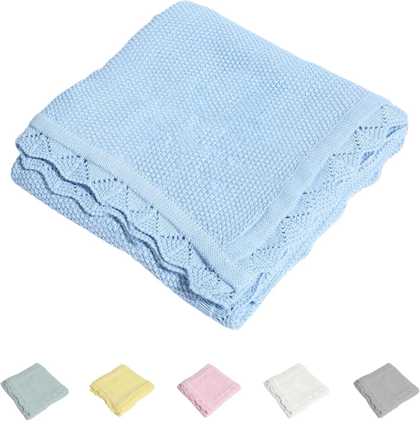 100% Cotton Baby Blanket Knit Lace Soft Warm Toddler Blanket,30 x 40 Inches,Sky Blue