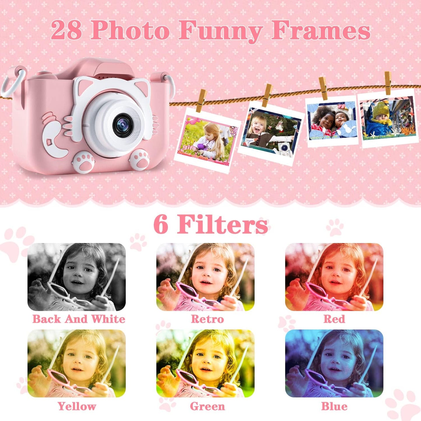 Kids Camera Toys for 3 4 5 6 7 8 9 10 11 12 Year Old Boys/Girls, Kids Digital Camera for Toddler with Video, Christmas Birthday Festival Gifts for Kids, Selfie Camera for Child, 32GB TF Card