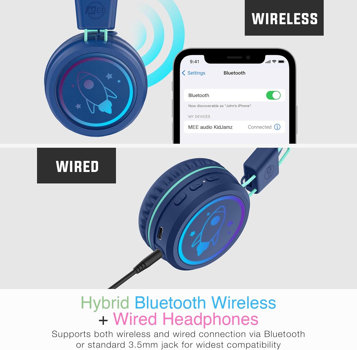 MEE audio KidJamz KJ55BT Personalized Bluetooth Wireless Safe Listening Headphones for Kids w/Custom LED-Backlit Design, Volume Limiter, Microphone; Kids Headset for School/iPhone/iPad/Tablet (Blue)