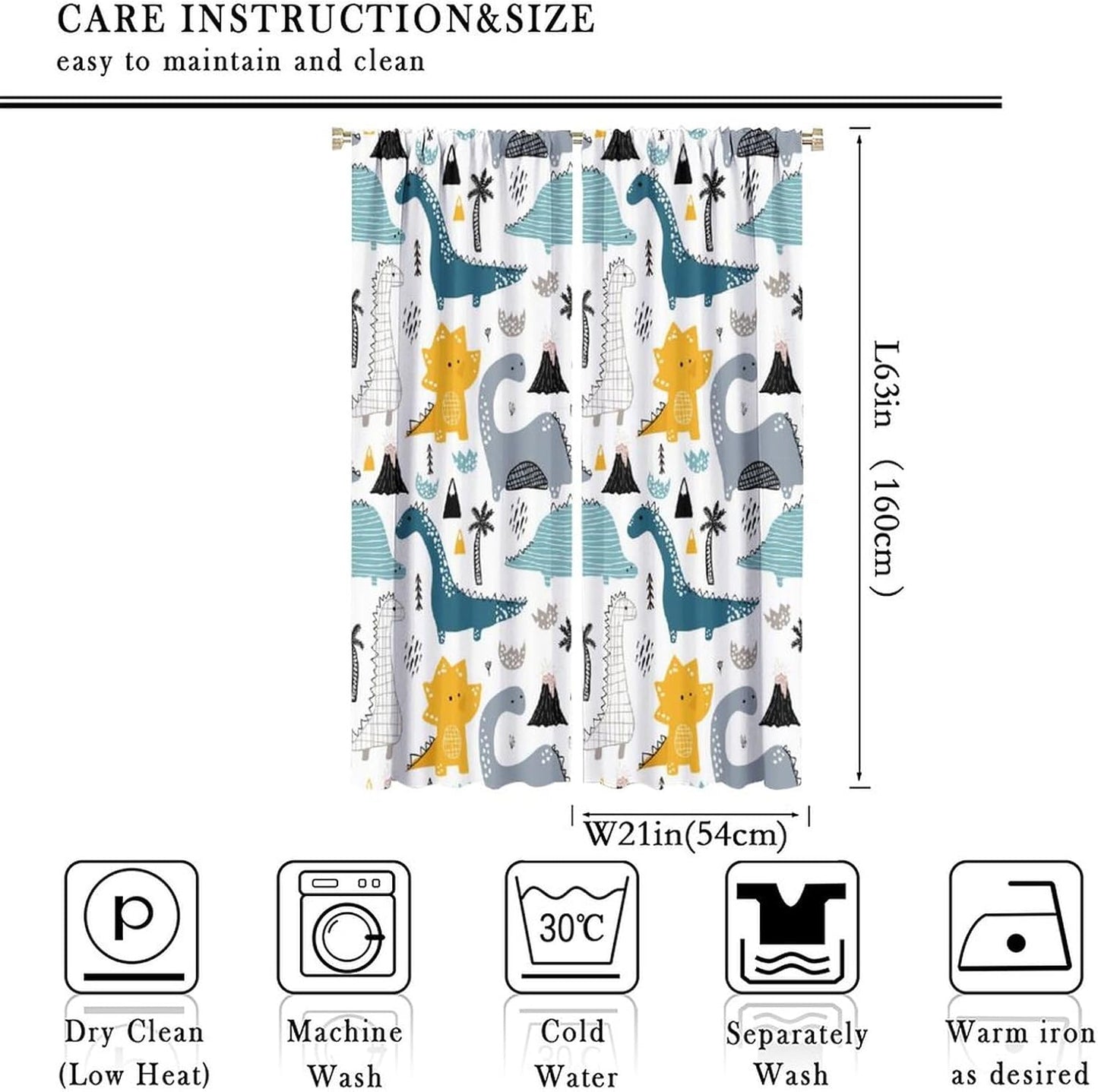 Kids Dinosaur Curtains for Boys Girls Bedroom Decor Cartoon Dino Colorful Cute Funny Wildlife Animal Printed Blackout Rod Pocket Window Drapes for Baby Nursery Playroom Living Room W21xL63in 2 Panels