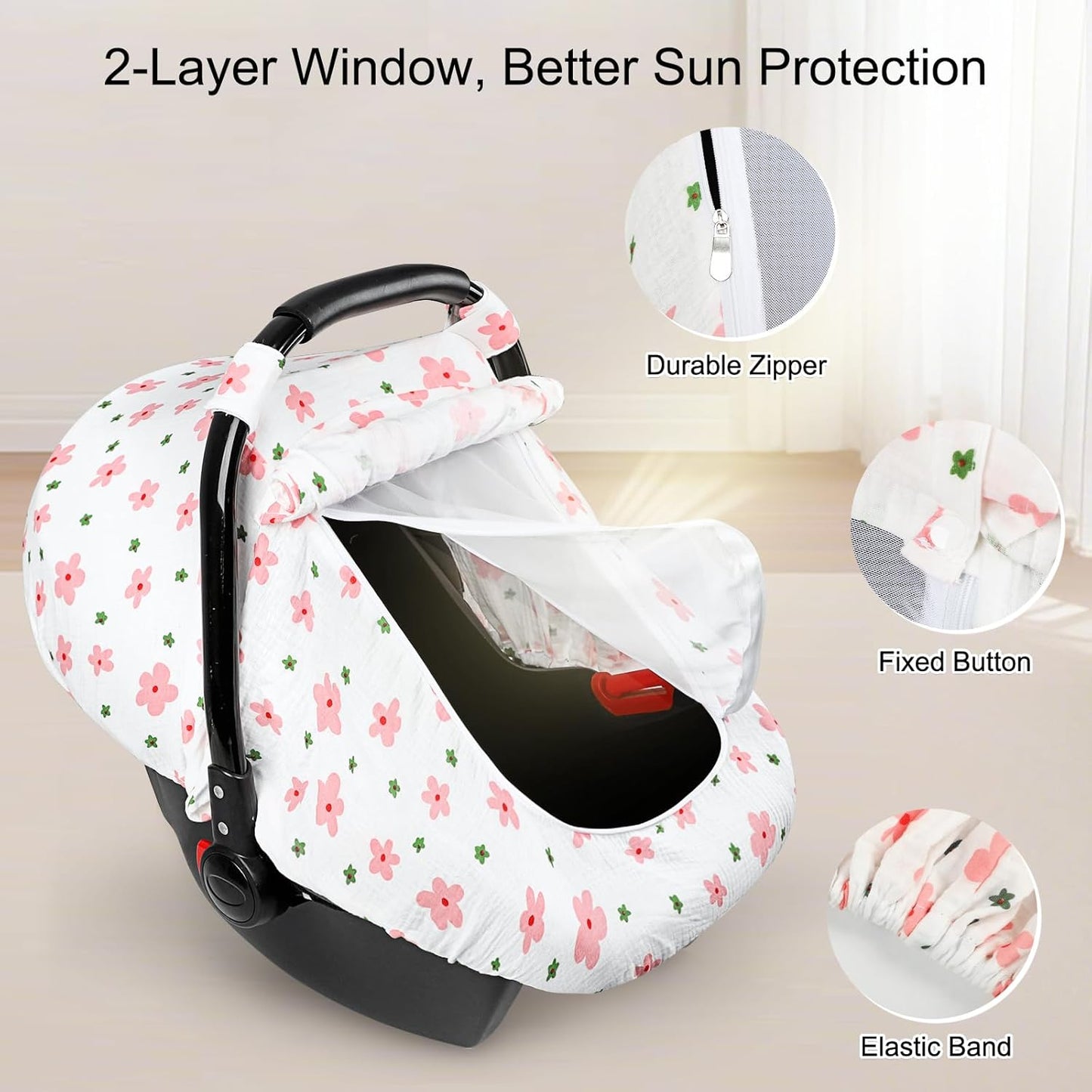 Hooyax Muslin Car Seat Cover Baby - Breathable and Privacy Car Seat Canopy with 3 Modes - Easy Install & Gift Box Packaging, Universal Fit for Infant Car Seats, Pink Flower