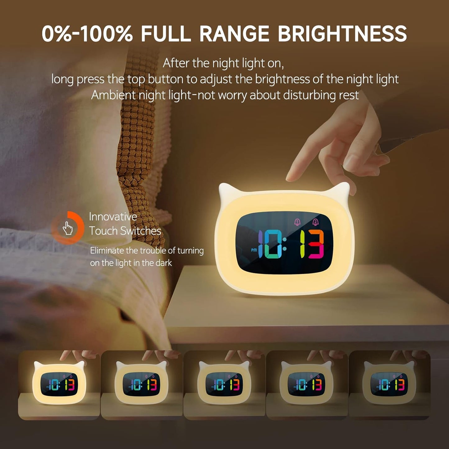 Cute Cat Ear Alarm Clock with RGB 7 Color Night Light & 18 Ringtones,Rechargeable Clock for Kids Bedroom,LED Colorful Digital Display,Bedside Clock for Boys,Girls Birthday Presents(White)