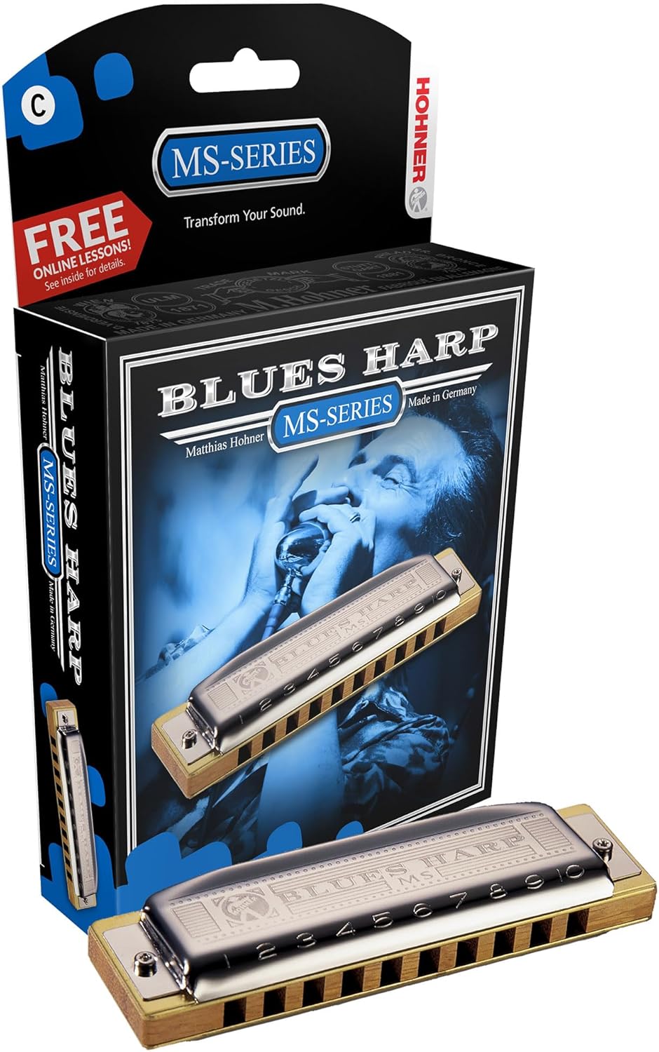 Hohner Harmonica 532 Blues Harp MS - Key of G Bundle with Case, Pouch, Harmonica Beginner Online Manual, and Austin Bazaar Polishing Cloth