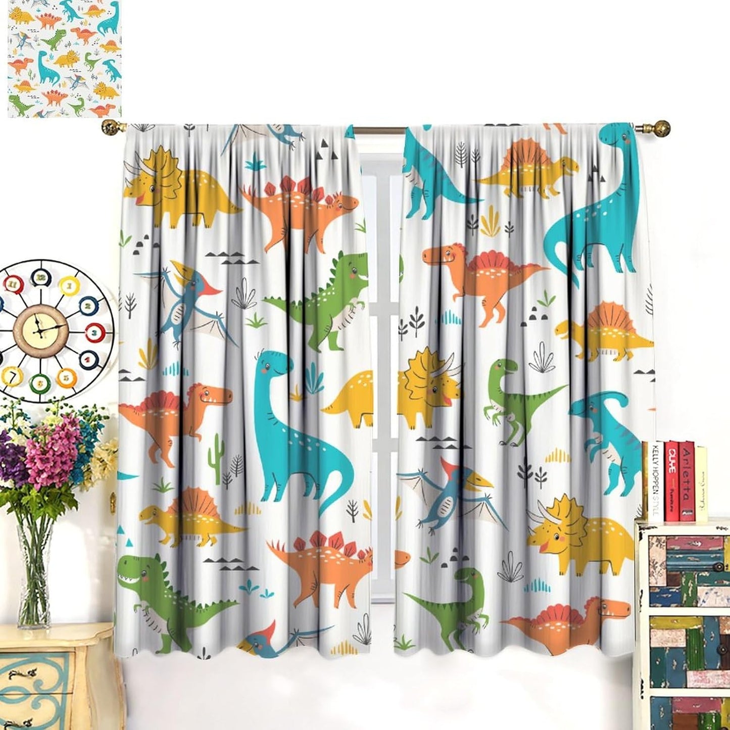 Kids Dinosaur Curtains for Boy Girl Bedroom Decor Cartoon Dino Colorful Cute Funny Animal Wildlife Printed Blackout Rod Pocket Window Drapes for Baby Nursery Playroom Living Room W26xL84in 2 Panels