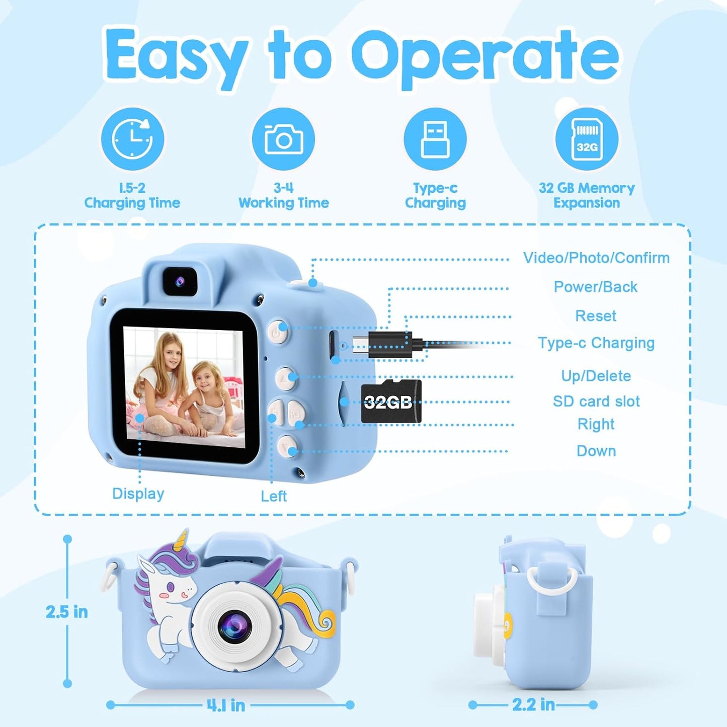 Kids Camera, Toys for Toddlers Age 3-8 Year Old Girl Christmas Birthday Gifts, Children Digital Camera with Cartoon Soft Silicone Cover and 32GB Card (Azure)