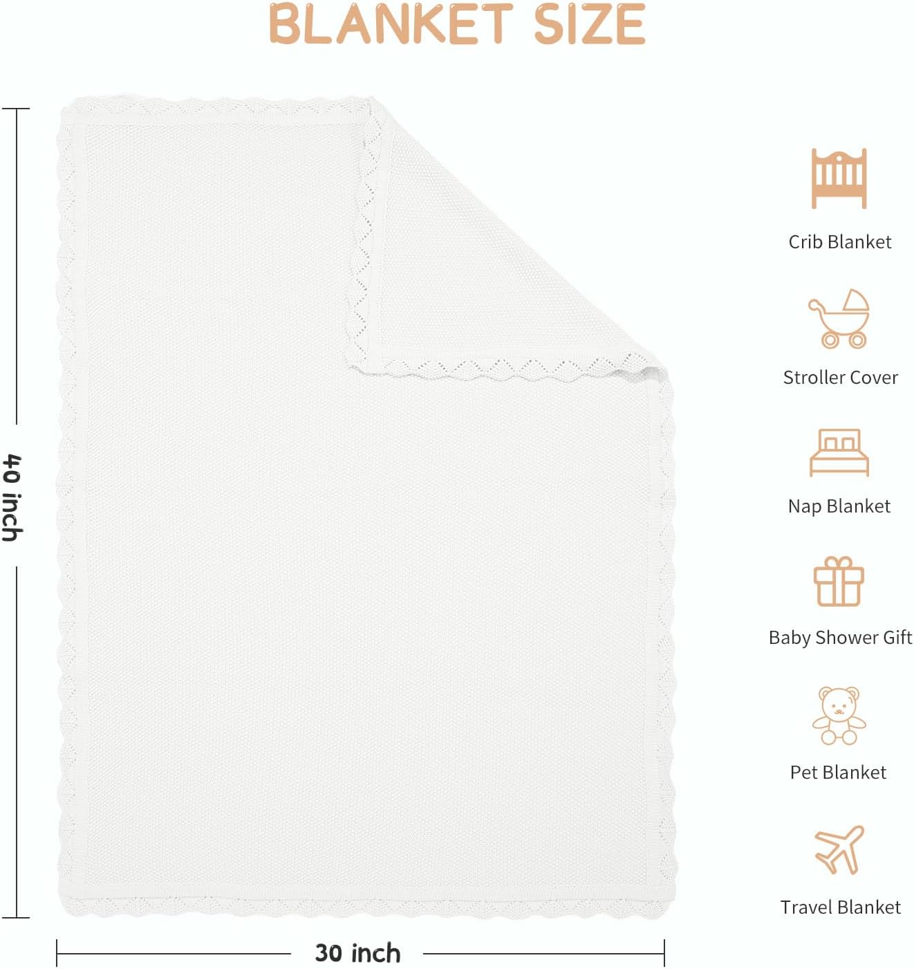 100% Cotton Baby Blanket Knit Lace Soft Warm Toddler Blanket,30 x 40 Inches,White