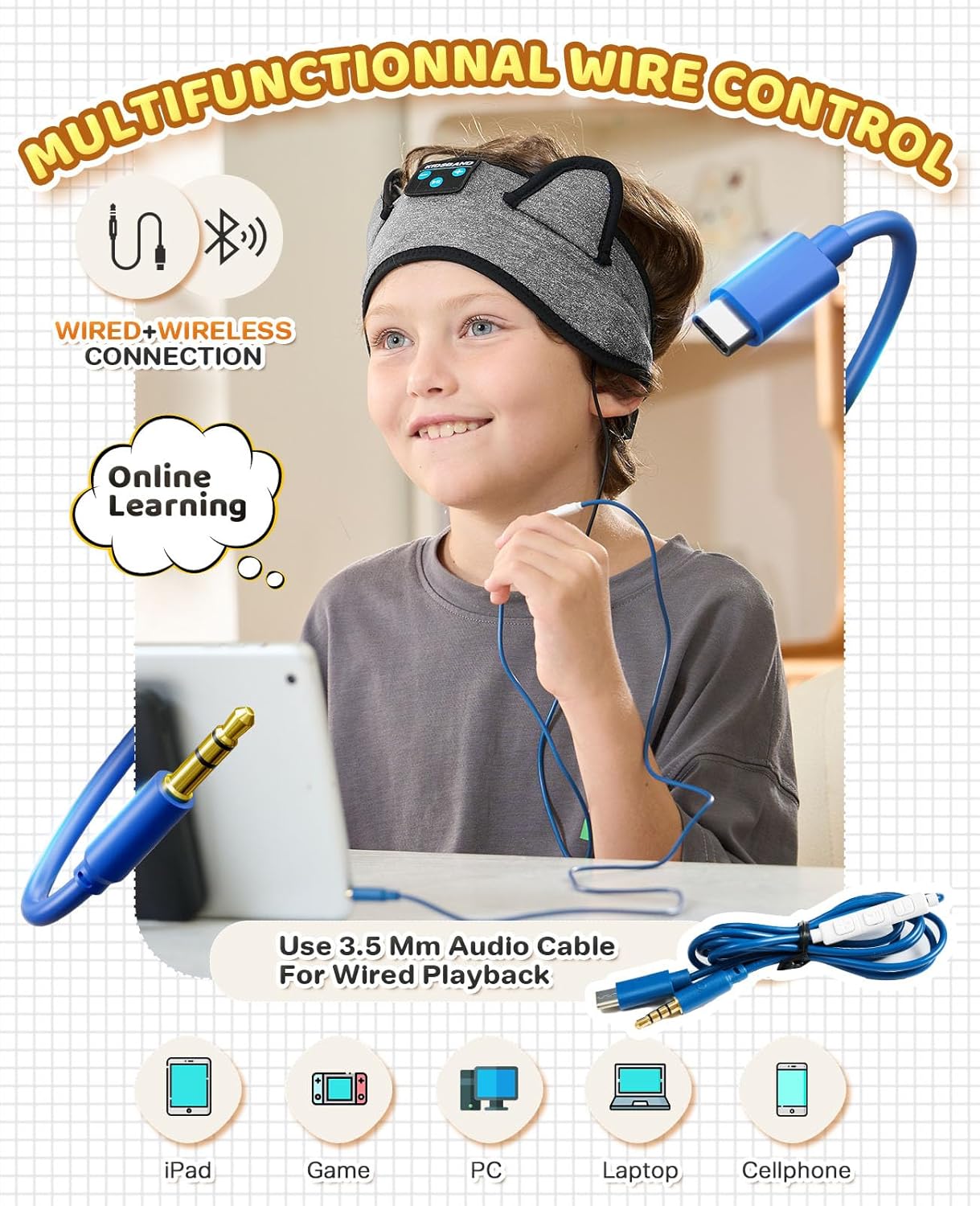 Kids Headphones, Bluetooth Headband Earphones for Children,Baby,Toddlers.Kids Headband Headphones for Home,Plane & Car Travel Accessories with Wired Playback 3.5 MM Jack, Wireless & Wired Palyback