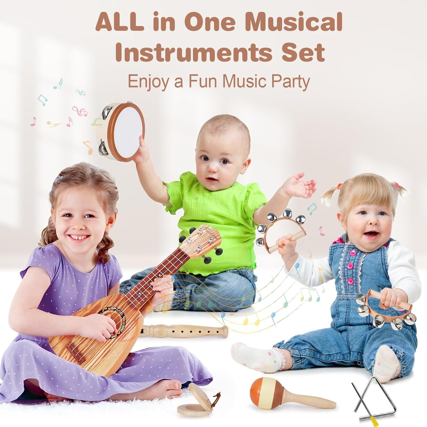 Kids Guitar Set - Musical Toys for 2 3 Year Old Boy Birthday Gifts, Montessori Toys for 2 Year Old Girls, Musical Instruments with Ukulele/Tambourine/Maracas for Toddler 2-4, Band Sets for Kids 3-5