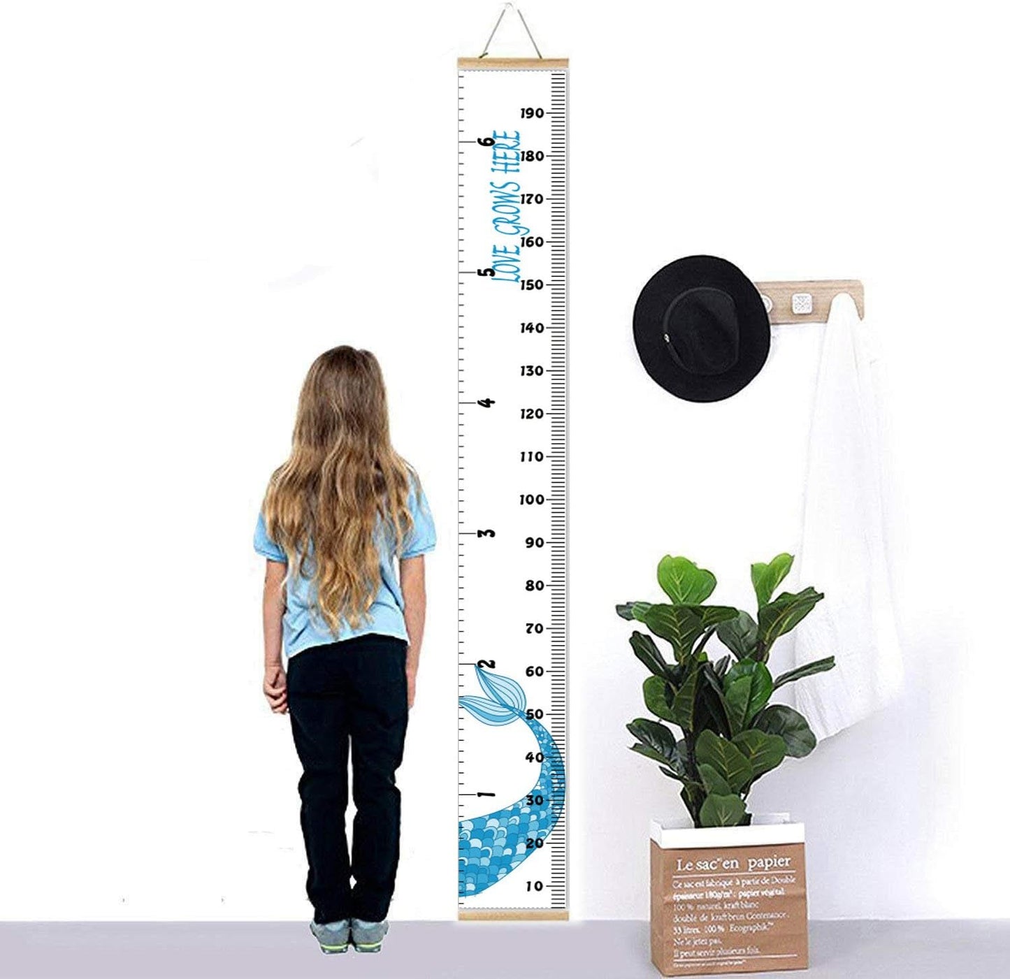 Kids Growth Chart, Wood Frame Fabric Canvas Height Measurement Ruler from Baby to Adult for Child's Room Decoration 7.9 x 79in (7.9 x 79in, Blue Mermaid)