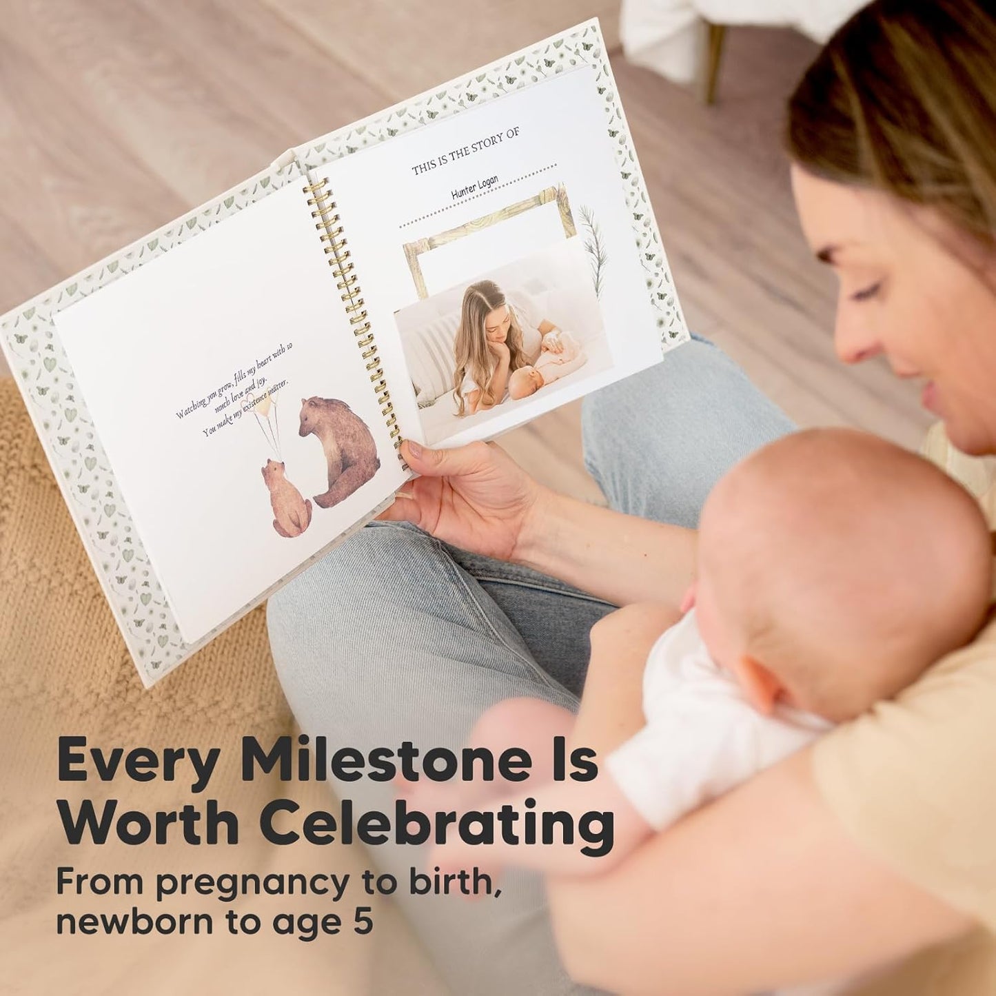 First 5 Years Baby Memory Book Girl, Boy - 90 Pages Hardcover First Year Milestone Keepsake Book, Newborn Scrapbook for New Parents, Minimalist Photo Album Journal, Gift for Baby Shower (WonderLand)