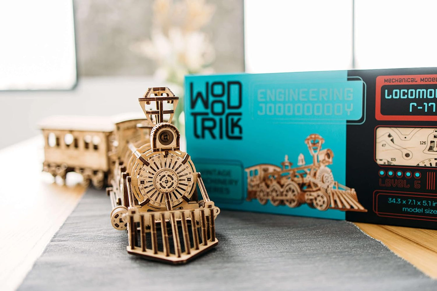 Wood Trick Wooden Toy Train Set with Railway - 34x7″ - Locomotive Train Toy Mechanical Model Kit - 3D Wooden Puzzles for Adults and Kids to Build - Engineering DIY Models for Adults to Build