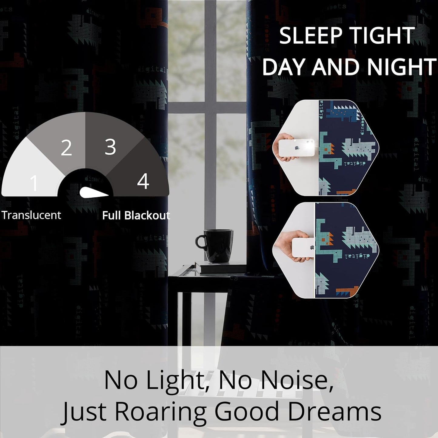 Kids Blackout Curtains - Pixel Dinosaur Curtains, 100% Blackout, 2 Panels, Each W52×L63, Thermal Insulated, Noise Reducing for Kids Bedroom, Bring a Playful and Retro Touch to Your Child’s Room