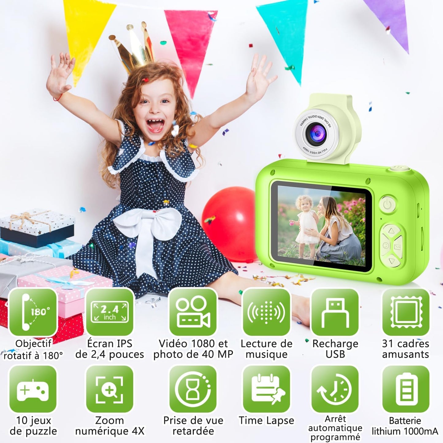 Kids Camera, Toddler Kid Digital Camera with 180°Flip Lens & 2.4in IPS Screen, Birthday Festival Gifts Present Toy for 4 5 6 7 8 9 10 11 Year Old Girls/Boys, 32 GB Card Included, X101