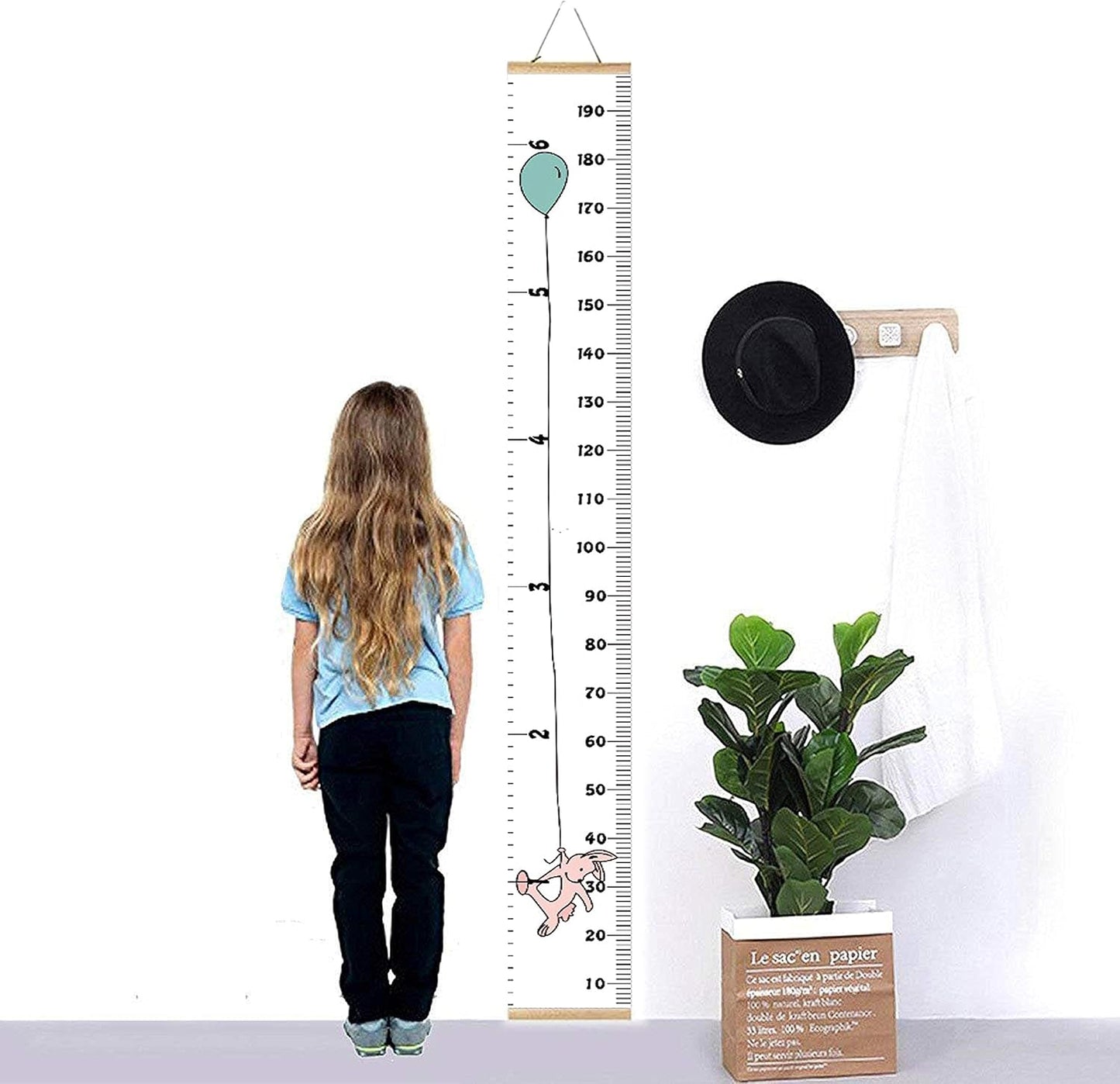 Kids Growth Chart, Wood Frame Fabric Canvas Height Measurement Ruler from Baby to Adult for Child's Room Decoration 7.9 x 79in (7.9 x 79in, Balloon Rabbit)