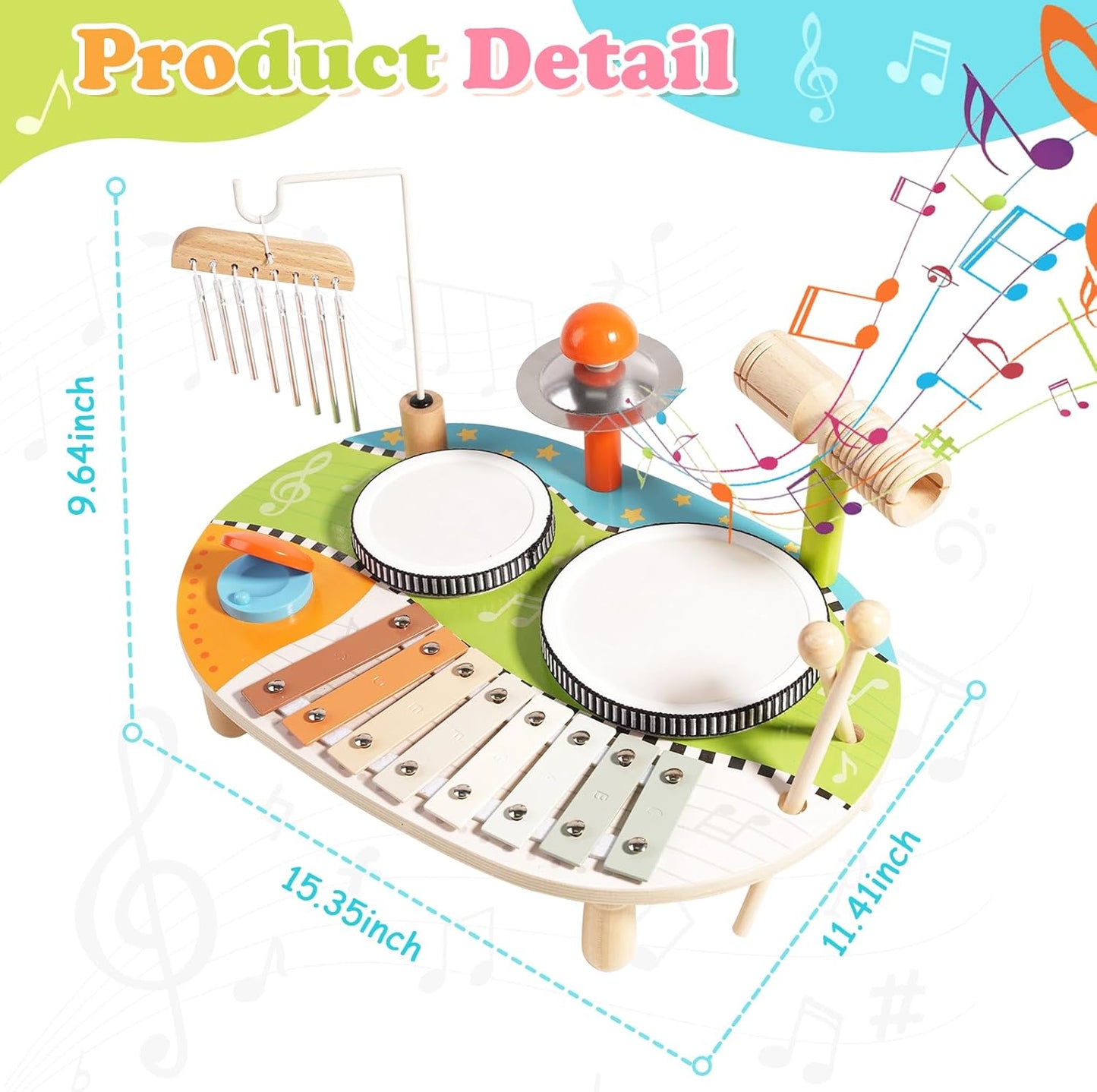 Kids Drum Set for Toddlers, Wooden Musical Instruments Baby Preschool Educational Musical Toys, Xylophone Wind Chime Kids Music Set Sensory Toys Birthday Gifts for Girls Boys