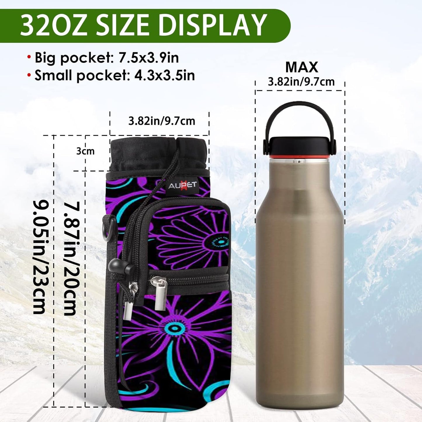 AUPET Water Bottle Sling Bag Sleeve Holder Carrier 25/32/40/64 oz,Insulated Crossbody Water Bottle Case Cover with Strap and Pockets for Men/Women Walking Hiking