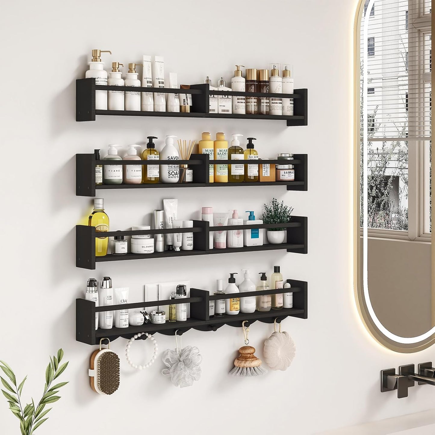 34Inch Nursery Bookshelves,Set of 4,Wall Floating Shelf Kids Coat Rack with 6Hooks,Hanging Book Shelf for Baby Nursery Room Décor ,Patent Number: 29958098(Black, 34)