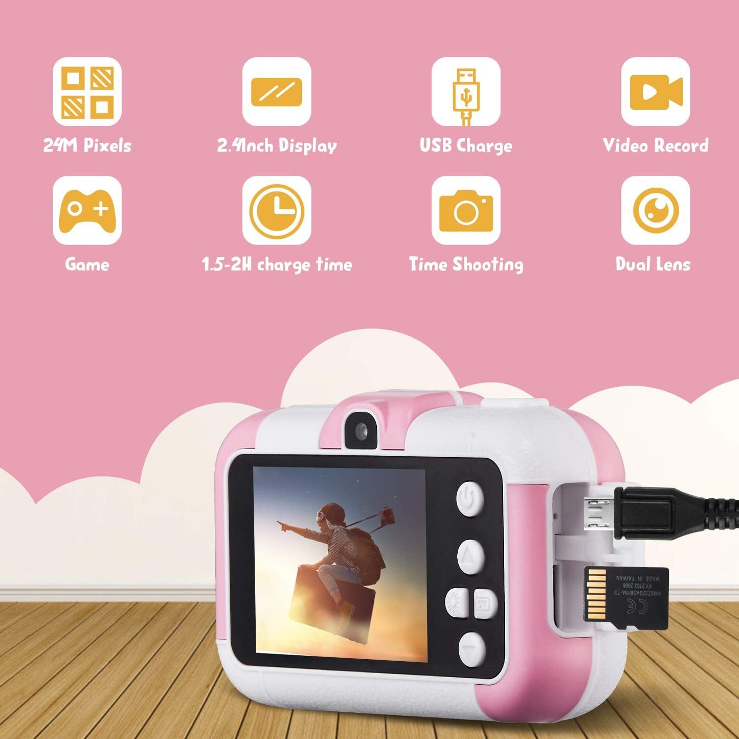Kids Camera, SUZIYO Children Digital Selfie Video Camcorder 1080P Dual Lens 2.4 Inch HD, Birthday Christmas Electronic Gifts Toys for Age 3-9 Years Old Toddlers Girls Boys with 32G TF Card,Pink