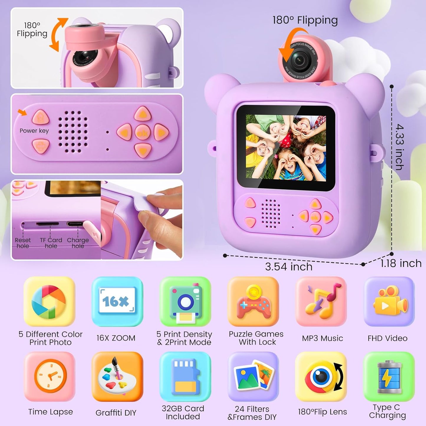 Kids Camera Instant Print, 7 Print Paper (4 Color: O/R/G/B+3 B&W), 2.4" Screen Instant Camera for Kids Ages 3-12,1080P, 180°Flip Lens,32GB Card- Christmas Birthday Present for Boys & Girls,M2