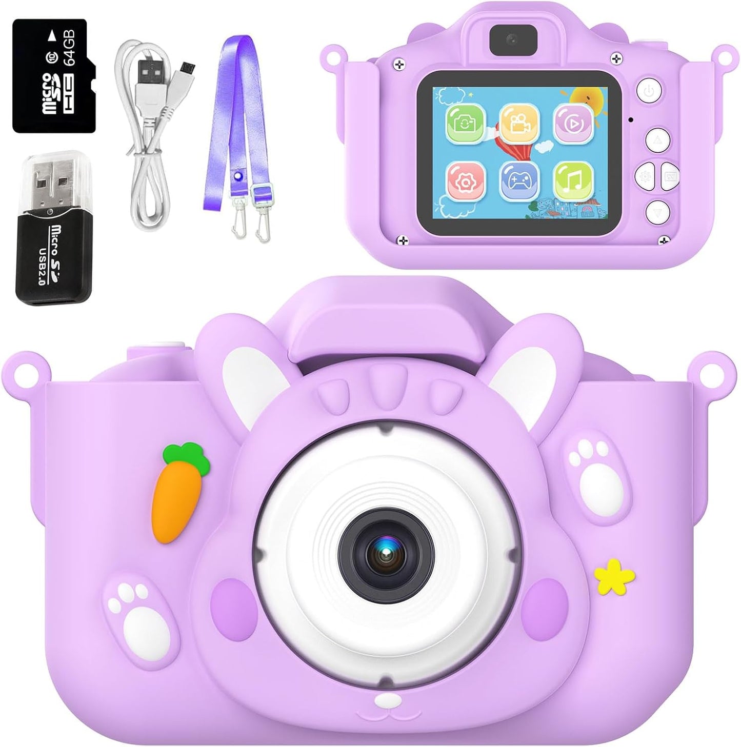 Kids Camera Toys,48MP Dual Lens with 64G SD Card and Cartoon Soft Cover for 3-8 Year Old Girls Boys (PurpleR)