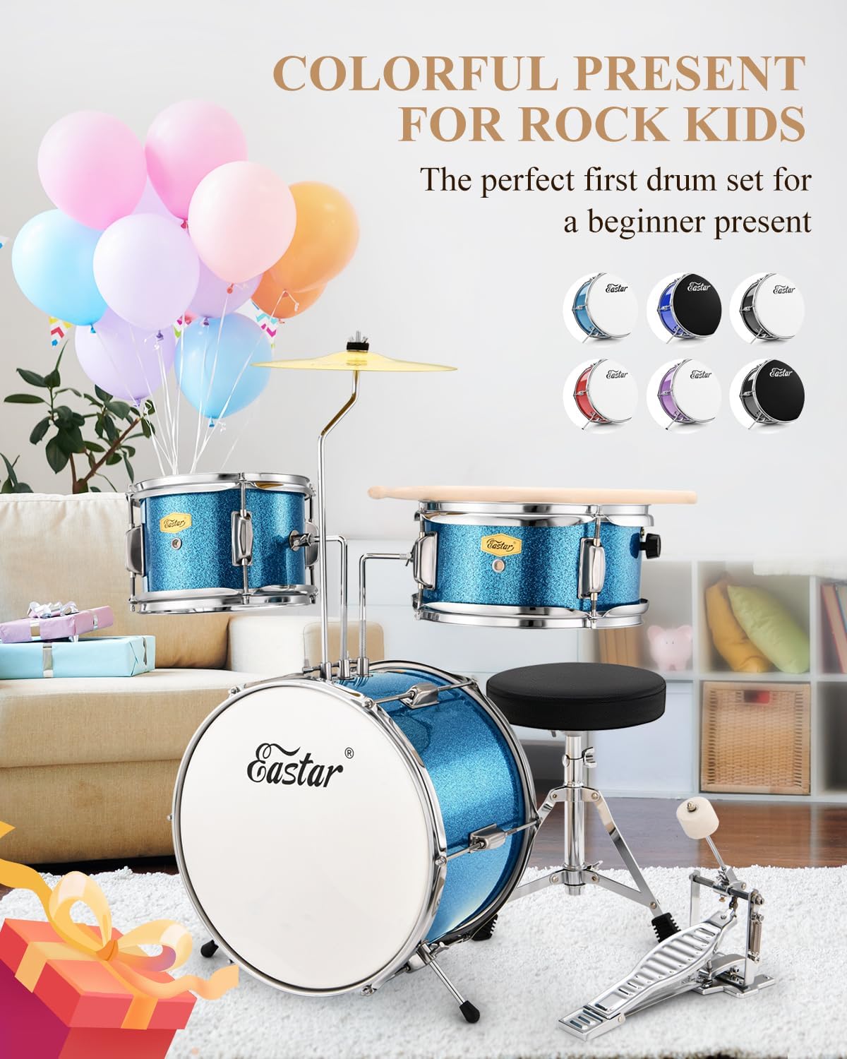 Kids Drum Set Eastar 3-Piece for Beginners, 14 inch Drum Kit with Adjustable Throne, Cymbal, Pedal & Two Pairs of Drumsticks, Junior Drum Set with Bass Tom Snare Drum, Metallic Sky Blue