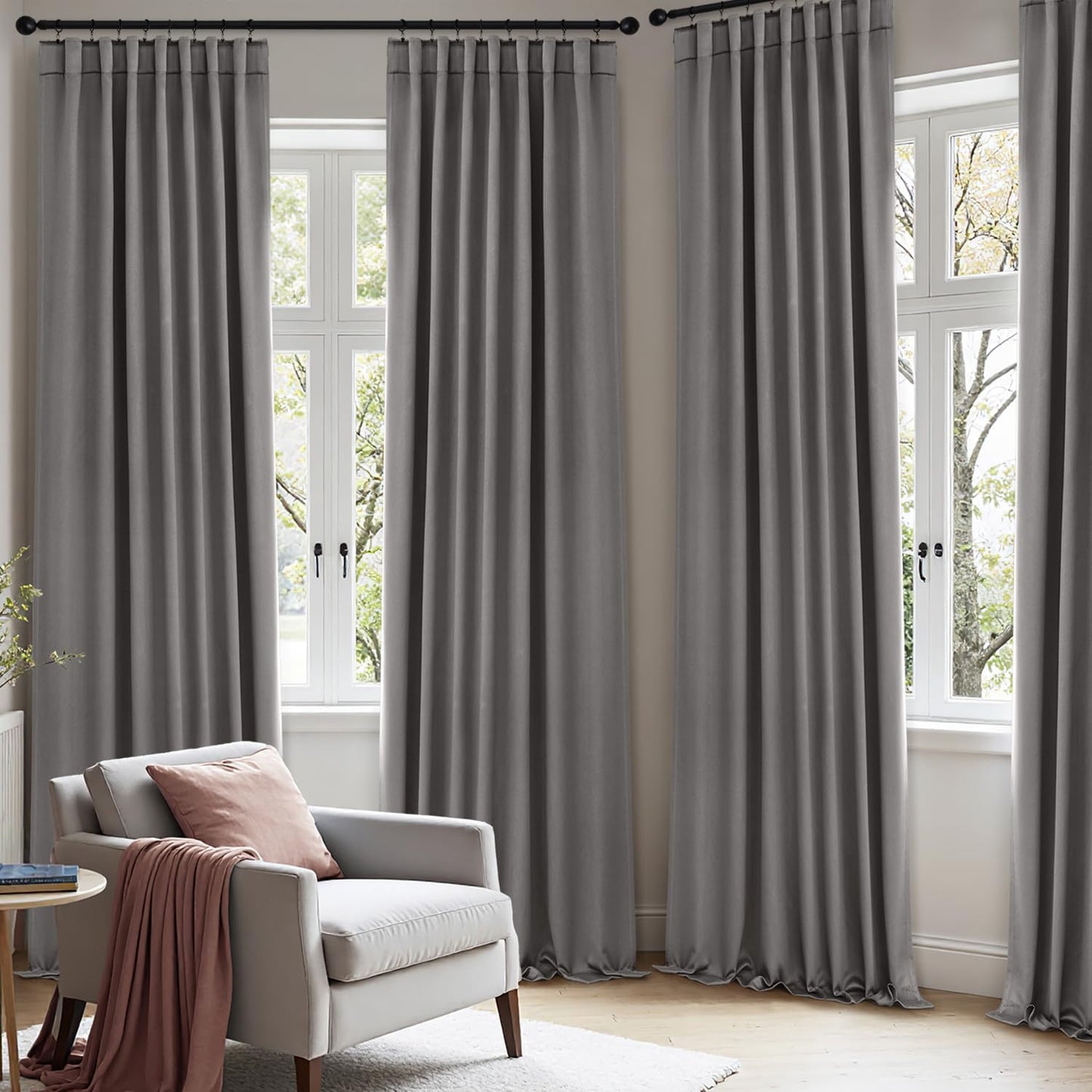 ANRODUO Back Tab Blackout Curtains for Bedroom Living Room, Rod Pocket Pinch Pleated Thermal Insulated Room Darkening Curtains 72 Inches Long 2 Panels, Grey, 42 x 72 Inch