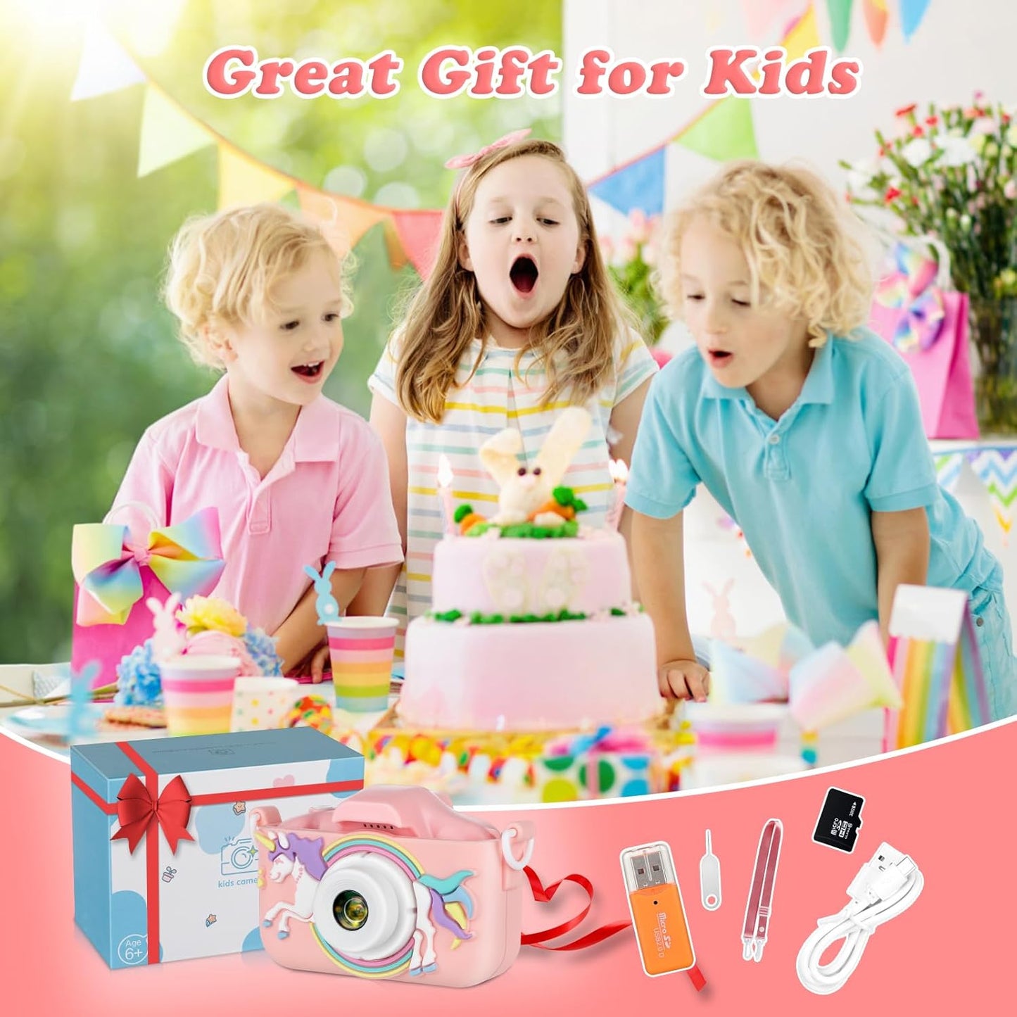 Kids Camera,HD Digital Video Camera with Protective Cover,Childrens Toys for 3 4 5 6 7 8 9 Year Old Boys/Girls,Selfie Camera for Kids,Christmas Birthday Gifts with 32GB SD Card (Unicorn Pink)