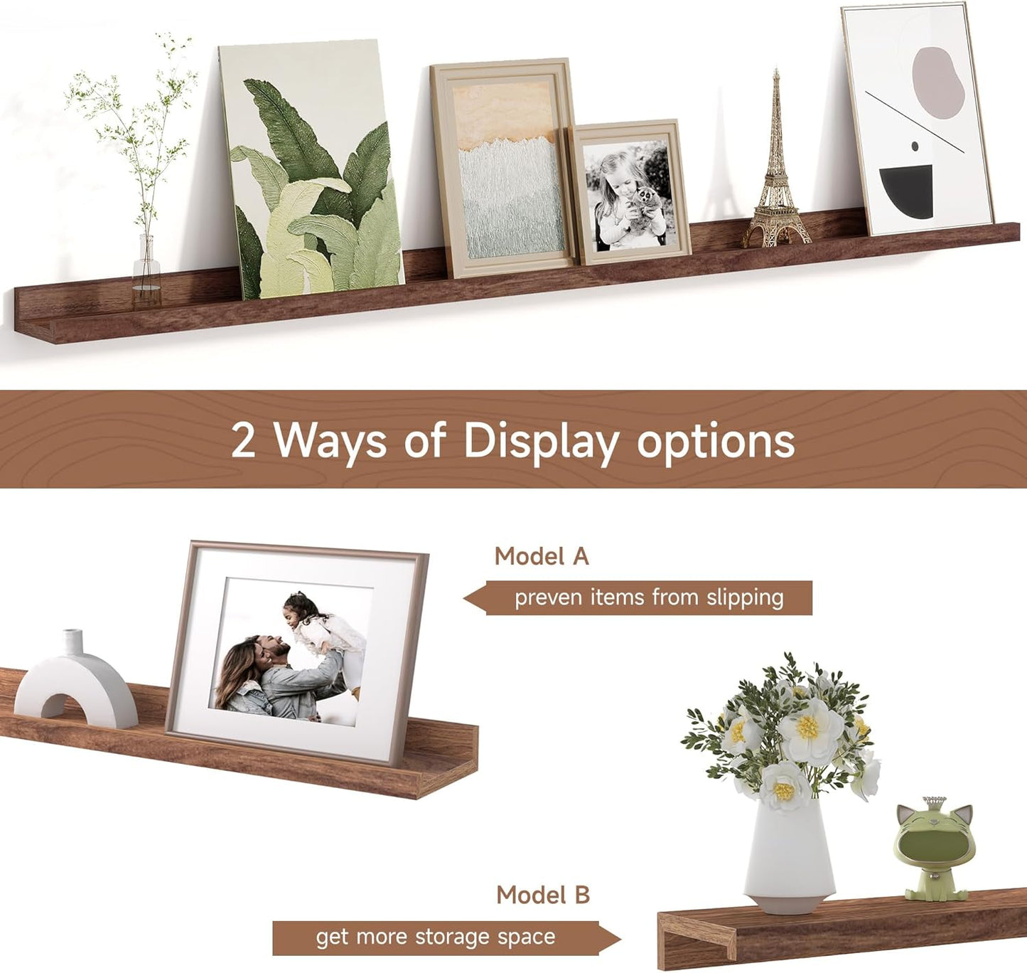 Picture Ledge Shelf for Wall, Floating Shelves Set of 4, 48 Inch Long Nursery Book Shelves for Toys Storage, Kids Bookshelf Wall Mounted for Books Photo Frames, Walnut