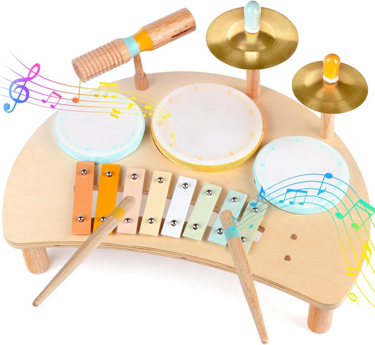 Kids Drum Set, Montessori Musical Instruments for Toddlers 1-3, Wooden Musical Toys for Baby 12-18 Months, Preschool Educational Xylophone Drum Kit, Birthday Gift for Boys Girls Ages 3+