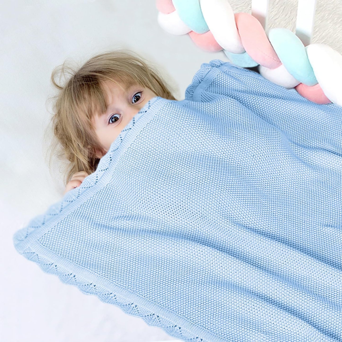 100% Cotton Baby Blanket Knit Lace Soft Warm Toddler Blanket,30 x 40 Inches,Sky Blue