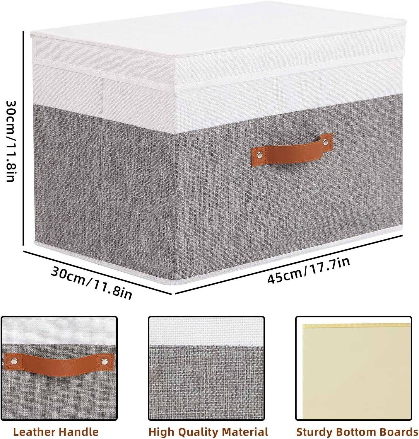 Fabric Storage Boxes with Lids, Linen Foldable Cloth Baskets, 17.7 x 11.8 x 11.8 Inch Closet Organizer Containers with Double Handles, Sweater Bins for Bedroom, White and Grey, 3 Pack