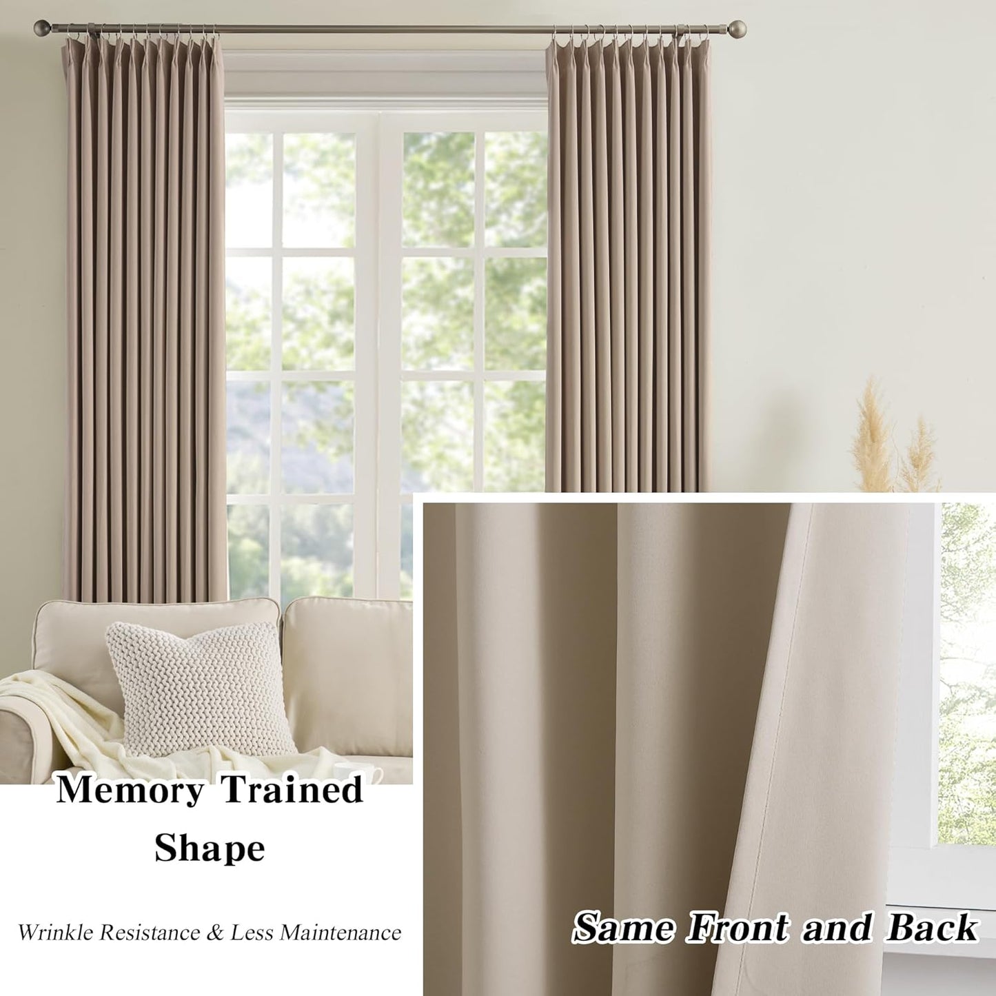 KEQIAOSUOCAI 60 Wide Pinch Pleated Window Curtain Panels 95 Inches Long Custom Made Pleated Curtains Hooks Track Privacy Memory Shape Drape for Living Room,Khaki, Set of 2=120 Inch Wide